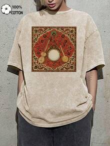 Women's Fun Persian Musical Instrument Cartoon Letter Print Street Style, Korean Style Comfortable Retro Fashion Commuting Versatile Y2K Women's Clothing, Regular Niche Punk Style Black Fitted Round Neck Short Sleeve Washed T-Shirt, Washed Retro Series Comfortable Pure Cotton T-Shirt, Easily Create Retro Casual Wear, Suitable For Daily Commuting, Casual Outings, Everyday Wear, Classic Retro Style Women's Clothing - Màu be - Xem 2