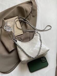 新款简约新月形单肩包，时尚菱形设计女士手提包 - 米色 - 查看 7