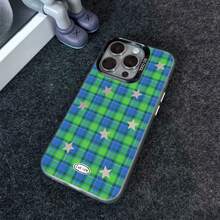 Fashionable Blue-Green Plaid Star Pattern Luxury Gradient Black-Silver Silicone Soft Edge Acrylic Hard Back Thick PC Metal Button Protective Phone Case Compatible With IPhone/ - Black - View 3