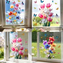 1/3pcs Colorful Floral Window Stickers, Vibrant Orchid, Tulip And Butterfly Decorations, Removable Anti-Collision Glass Stickers, Suitable For Living Room, Kitchen, Home Decor - Tulips and Orchids - View 2