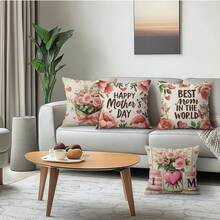4pcs Mother's Day Pink Rose Cluster & Butterfly Pattern Single-Sided Print Throw Pillow Covers, Decorative Pillow Covers For Living Room Sofa Bedroom, Pillow Inserts Not Included - Multicolor - View 5