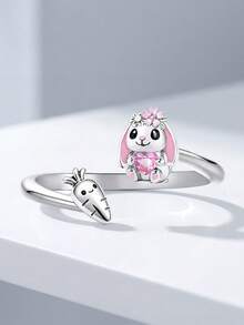 1枚可爱兔子胡萝卜开口戒指，经典马眼形单钻戒指，隐藏式光环结婚戒指，精致求婚戒指，女士珠宝 - 銀色 - 查看 3