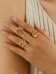 3件套不锈钢极简几何椭圆交错开口戒指，18K镀金戒指，适合女士日常及派对佩戴 - 金色 - 查看 6