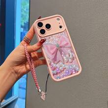 1pc Lucky Camellia Flower Lanyard + Pearl Bow Design TPU Pink Phone Case, Suitable As Birthday Or Christmas Gift For Couples, Daughters, Girlfriends, Teenage Girls - Pink - View 5