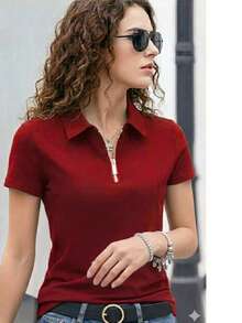 camiseta camisa feminina ziper Gola polo Premium - Vermelho - Visão 3