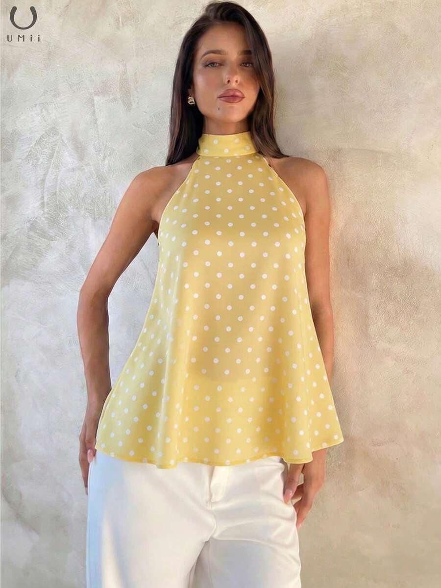 UMII Women's Valentine's Day Yellow Polka Dot Camisole, High Neck A-Line Chiffon Double Layer Sleeveless Top, Retro Collegiate Casual Date Blouse Summer - Yellow - View 1