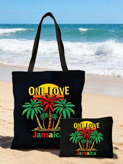 Juego de bolsas de lona con diseño de palmera y "One Love Jamaica", bolso de hombro de gran capacidad con tema jamaicano, bolsa de maquillaje portátil, bolsa de compras reutilizable de gran capacidad, bolso de hombro casual, bolsa de cosméticos con cremallera, bolso de hombro de poliéster duradero, bolsos con estilo tropical jamaicano, adecuado para compras, viajes, actividades al aire libre, ir y venir del trabajo, artículos esenciales para volver a la escuela, regalo perfecto y recuerdo para vacaciones, cumpleaños, regalos del Día de la Madre
