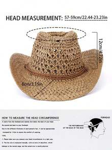 1pc Vintage Hollow Brim Wide Brim Straw Hat, Unisex Outdoor Travel Beach Hat, Handwoven Breathable Western Cowboy Panama Hat, Spring/Summer - A - 查看 3
