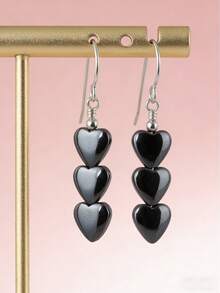 心形纯银耳环，低过敏性，百搭优雅女士耳环 - 黑色 - 查看 6