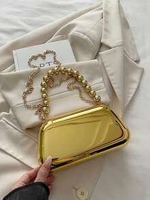 前卫亮金色女士手拿包，硬盒形晚宴包，钱包，串珠手柄，金属链条肩带，女士礼物，适合派对、节日和宴会 - 金色 - 查看 10