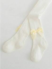 女童舞蹈紧身裤，婴儿竖条纹蝴蝶结设计，适合春秋季穿着 - 白色 - 查看 5