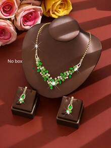 1pc Red Crystal Jewelry Set, V-Shaped Cluster Necklace & Earrings, Luxury Style, Suitable For Formal Events, New Year's Eve Gift - Green - View 1