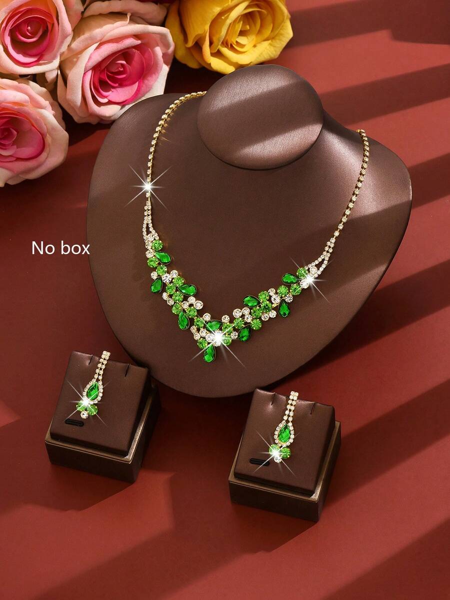 1pc Red Crystal Jewelry Set, V-Shaped Cluster Necklace & Earrings, Luxury Style, Suitable For Formal Events, New Year's Eve Gift - Green - View 1