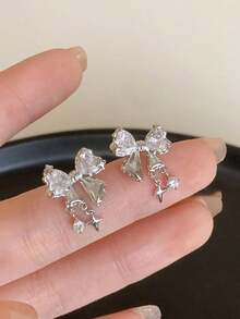 1 Pair Cute Rhinestone Bow & Star Dangle Earrings For Women, Fashion Shiny Daily Wear Party Birthday Gift (Actual Size Larger Than Image) - Multicolor - View 5