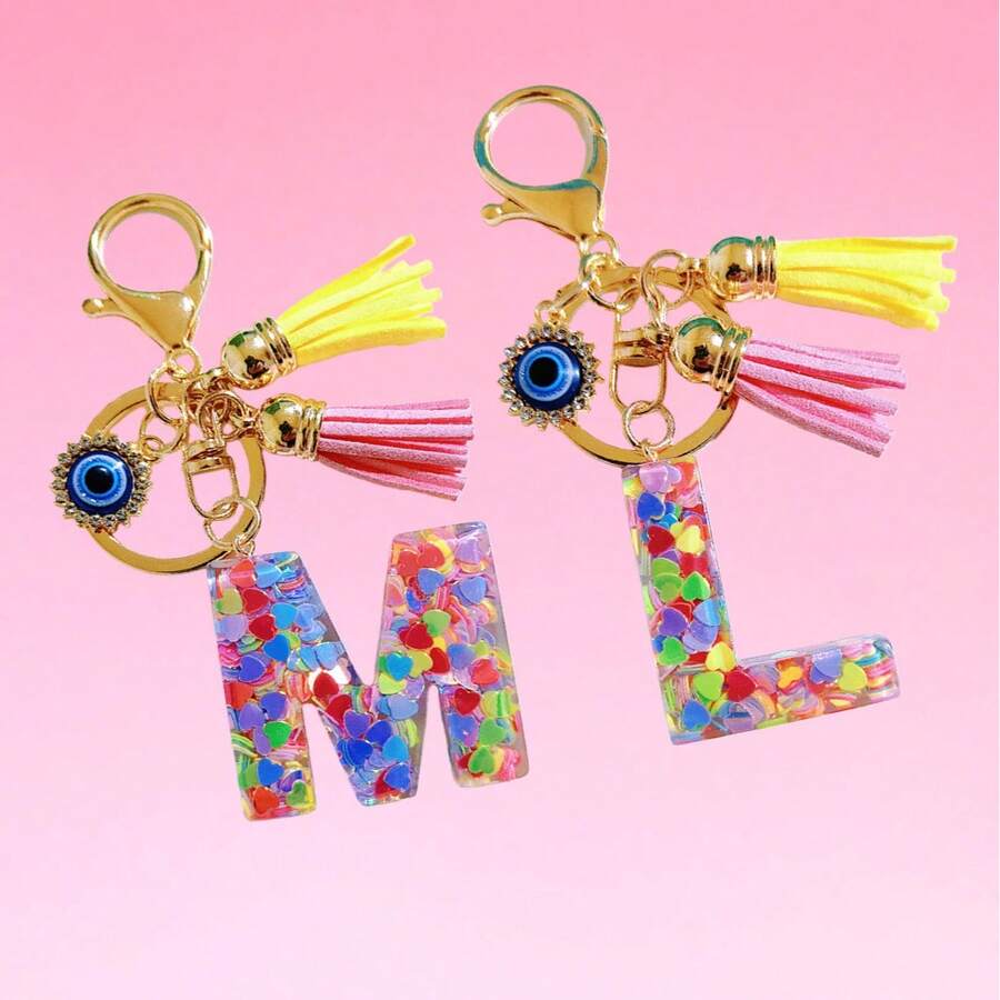 1pc Bohemian Evil Eye Resin A-Z Letter Keychain, Cute Heart Sequin Epoxy Letter Keyring Decoration Accessory, Unisex Fashion Minimalist Accessory For Wallet, Backpack, Car, Suitable For Daily Travel, Holiday Gift For Friends - Color - View 1