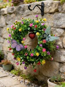 2 piezas Corona floral artificial colorida, decoración colgante rústica de primavera, acentos de mariposa realistas de alta calidad, decoración interior del hogar, regalo del Día de la Madre, suministros de jardinería - Multicolor - Ver 4