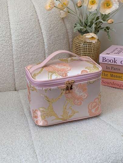 提花化妆盒，大容量拉链收纳袋，便携旅行化妆包