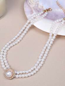 Oval Retro Elegant Luxury Exquisite Double-Layer Faux Pearl Necklace And Earrings 3-Piece Set, Suitable For Women's Daily Wear, Banquet, Wedding, Vacation, Can Be Given As Birthday, Holiday, Mother's Day, Girlfriend, Friend Gift - Multicolor - View 2