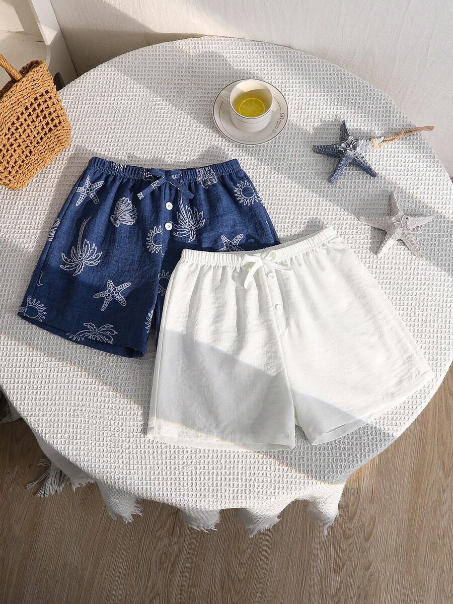 两件套女童夏季休闲短裤，采用米色亚麻面料，饰以海星和棕榈树印花，轻盈透气，适合海滩、旅行、休闲、户外运动、短途旅行，简约时尚的度假风格。 - 彩色 - 查看 1