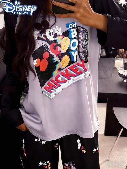 Disney Bộ đồ ngủ hoạt hình dễ thương 2 món dành cho nữ, gồm áo dài tay cổ tròn và quần, kiểu dáng rộng rãi thoải mái, thích hợp cho mùa xuân, hè và thu.