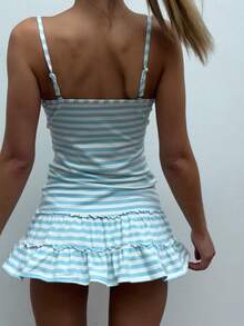 Women's Cute Spaghetti Strap Short Dress Lace Trim Tiered Ruffle Hem Mini Dress Summer Going Out Outfits Cozy Daily Wear - Màu xanh lam - Xem 3