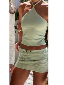 Women's 2 Piece Outfit Mini Knit Skirt Set Sexy Striped Sleeveless Backless Slim Fit Halter Crop Top Mini Skirt Sets Summer Beach Matching Going Out Clothes - 綠色 - 查看 4