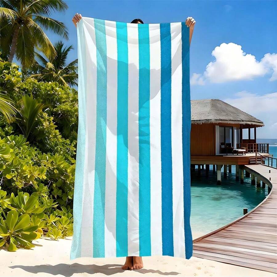 清新渐变蓝白竖条纹速干沙滩巾，夏季旅行度假必备，超细纤维沙滩露营巾，度假必备沙滩装备，超强吸水柔软毛巾，完美适用于夏季旅行，沙滩必备，露营装备，度假必备，时尚海岸渐变条纹图案毛巾，是海滩、露营旅行和夏季探险的理想之选，轻便速干超细纤维毛巾，优质夏季旅行配件 - 淺藍 - 查看 1