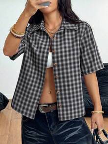 Streetwear Women Plaid Zip Pocket Short Sleeve Shirt - black - 查看 3