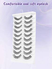 False Eyelashes Fox Eye 10 Pairs Pack 3D Natural Look Fluffy Wispy Cat Eye Lashes Soft Faux Mink Lashes Lightweight D-Curl Clear Band Eyealshes - Black - View 10