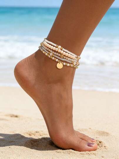 5pcs Fashion Sexy Elegant Vintage Exquisite Bohemian Summer Style Asymmetrical Beaded Pendant Anklet Set, Suitable For Women's Daily Casual, Outings, Banquets, Music Festivals, Beach Vacations