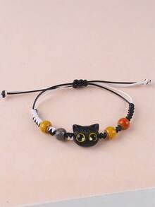 1pc INS Style Woven Bracelet With Small Black Cat Pendant, Suitable For Couples And Girlfriends - Multicolor - View 2
