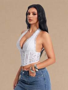 Apperloth A Top corto tipo bustier sexy, top de encaje blanco con escote en V profundo y espalda descubierta, top con borde curvo de malla semitransparente y lazo en la espalda, disfraz de Halloween, para rave en verano - Blanco - Ver 6