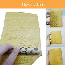 10厘米小型木制擀面杖，适用于聚合物粘土DIY首饰纹理制作，可压印花朵/叶子/心情太阳/心形/波浪/树皮/星星图案 - 木頭色 - 查看 2