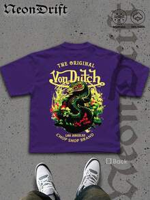 NeonDrift  Double-Sided Printing  Men's T-Shirt Men's Short-Sleeve T-Shirt100% Cotton Fabric Soft & Skin-Friendly Unisex Style Gifts For Spring Festival, Valentine's Day, St. Patrick's Day & World Cup-Van Dutch Dragon Print Men T Shirt Classic Americana Style Graphic Tee Streetwear Fashion Casual Wear For Car Enthusiasts And Vintage Culture Lovers - 紫羅蘭色 - 查看 3
