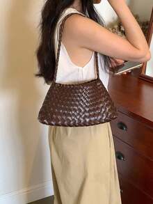 Handmade Woven Bag, Niche High-End French Vacation Style Handbag, Casual Versatile Shoulder/Underarm Bag - Brown - View 3
