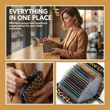 女士防盗钱包，20个卡位，大容量，优质仿皮拉链对折钱包，2个身份证窗口，NFC保护，带钥匙扣 - 多功能信用卡夹，适合旅行和日常使用 - 高貴黑色 - 查看 4