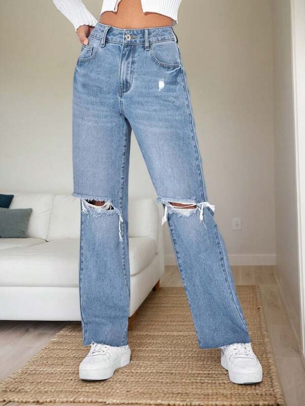Pantalones vaqueros Desgastados De Cintura Media Y Pernera Recta Con Diseño Lavado, Jeans holgados con rotos y lavados para mujer, Jeans rectos, sueltos, versátiles y informales