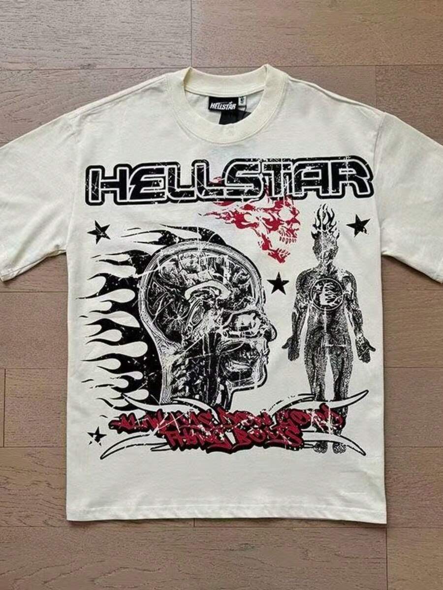 Plus Size Hellstars Brain Human Body Anatomy Y2K Graphic T-Shirt,220g 100% Cotton,Round Neck Short Sleeve,White Streetwear Essential,Unisex Style - 黑色 - 查看 1