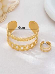 Set de joyería de 2 piezas con brazalete y anillo ajustables de diseño geométrico hueco de estilo minimalista y de moda para mujeres - Amarillo Oro - Ver 4