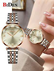 BIDEN 1pc Watch Women's Fashion Business Stainless Steel Strap Watch Bracelet Simple Rose Gold Waterproof Women's Quartz Watch - Mouldless - View 10