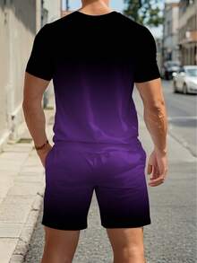 2pcs/Set Men's Ombre Color Short Sleeve T-Shirt With "PARIS" Print And Drawstring Shorts, Casual Sporty Outfit, Suitable For Summer Outdoor Wear, 100% Polyester - Multicolor - View 6