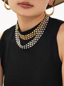 一套欧美流行金金字塔镶钻项链 | 18K镀金朋克粗链 | 嘻哈风格多层颈链 - 龐克風鉚釘首飾 - 查看 9