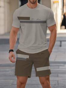 2pcs/Set Men's Casual Loose Breathable Beach Outfit - Short Sleeve T-Shirt And Shorts, Fashionable Pattern With Striped Patchwork Design, Summer Holiday Homewear, Multiple Color Options, Ideal Gift - Multicolor - View 4