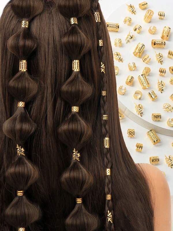 Set de 50 piezas de Scrunchies de estilo bohemio retro de aleación - Accesorios para el cabello redondos huecos adecuados para mujeres y niñas, elegantes lazos de cabello de unicolor, para trenzar y peinados DIY