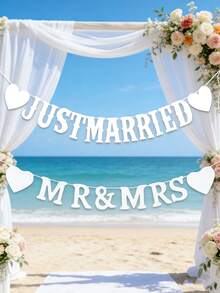 2pcs/Set "Just Married" & "Mr Mrs" Heart Shaped Letter Garland, Wedding Ceremony Decoration Banner, Indoor/Outdoor Romantic Backdrop, Wedding Photo Props,Beach - White - View 10