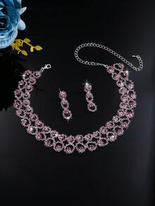 2pcs/Set Women's Party/Wedding Crystal Decor Necklace, Pendant And Earrings Set - Suitable For Daily Wear, Wedding, Party And Other Occasions - Baby Pink - View 5
