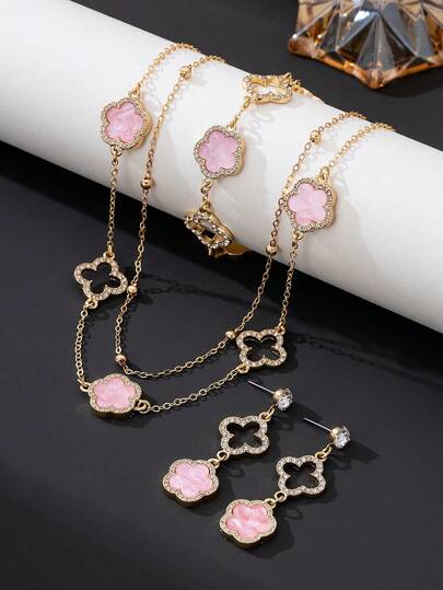 1 Set Luxury Elegant Shiny Hollow Four-Leaf Clover Pendant Necklace, 1 Bracelet, 1 Pair Earrings, Summer New Arrival Women Jewelry Set