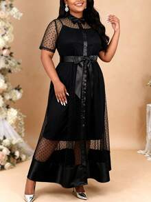 Set elegant din 2 piese pentru femei, mărime plus, rochie maxi neagră cu buline din plasă și curea, ținută pentru cocktail - Negru - Vizualizare 6