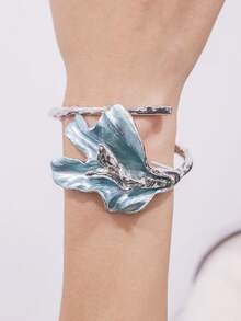 1件女士优雅白色珐琅鸢尾叶手镯 - 金色法式时尚设计，适合日常和派对佩戴，四季皆宜的百搭珠宝 - 銀底藍色 - 查看 3