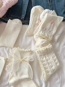 6 đôi tất ren dài đến bắp chân kiểu Lolita tối giản dễ thương có nơ. - Màu be - Xem 4